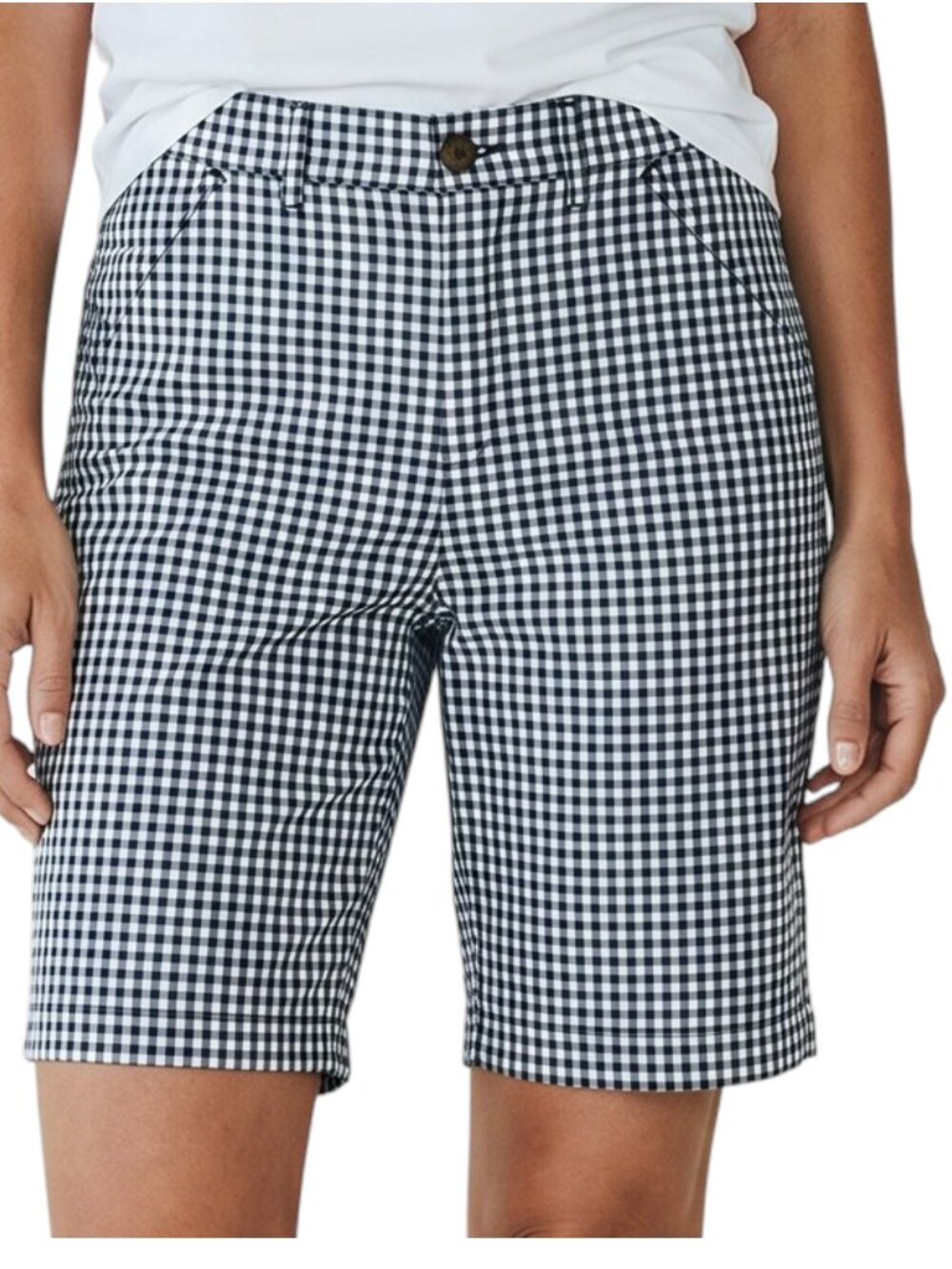 LEE Navy and White Gingham Print Bermuda Shorts with Pockets - Size 14